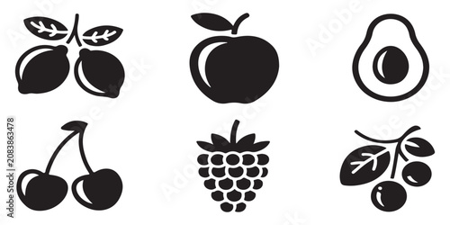 Cuadro en lienzo Variety of fruit icons including lemons, apple, avocado, cherries, and raspberries in black and white