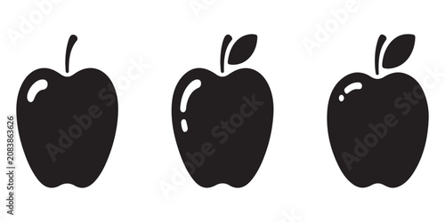 Set of three black apple icons with highlights isolated on white background for modern minimalist graphic designs.