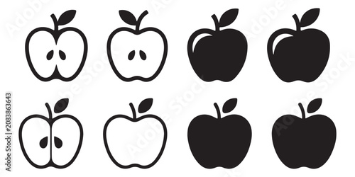 Set of eight apple icons including sliced halves and whole fruits in outline and solid black styles for designers.