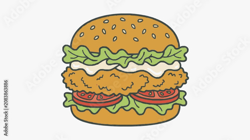 Obraz na plátně Colorful cartoon illustration of a hamburger with lettuce and tomato