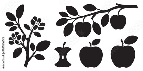 Apple tree branch silhouette collection with blossoming flowers and fruit core icons representing nature and life.