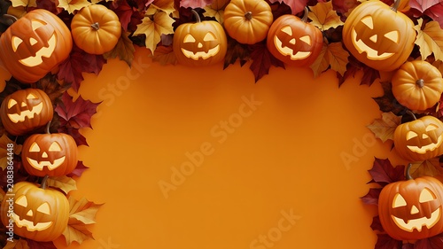 Halloween jackolanterns and autumn leaves on orange background  spooky seasonal display