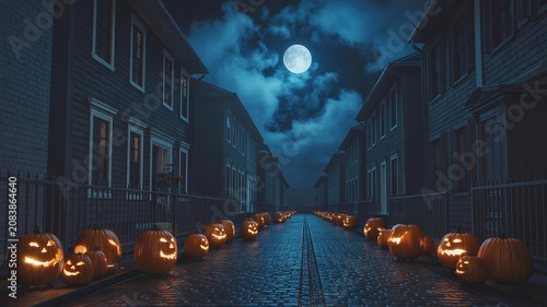 Many jack o lanterns on a suburban street at night  full moon