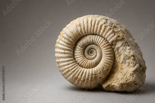 Ancient ammonite fossil spiral shell in soft light