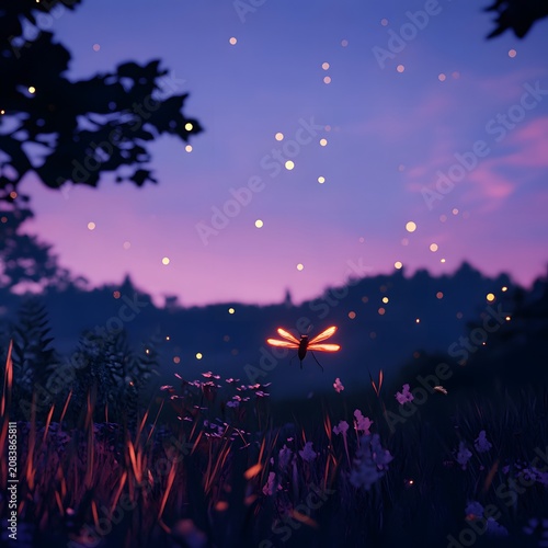 Bioluminescent fireflies float over a lush, misty meadow at the moment of twilight.