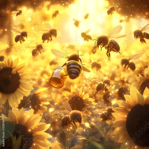 Bees fly among massive, luminous sunflowers bathed in warm, golden afternoon sunlight.