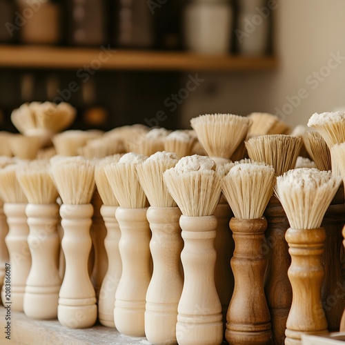 Close-up view of numerous wooden-handled pastry brushes arranged together, suggesting a baking or decorating station.