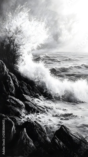 Dramatic black and white photograph capturing a massive ocean wave crashing against rugged coastal rocks.
