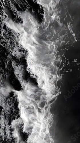 Dramatic black and white photograph capturing the powerful, ethereal flow of ocean waves at the shore.