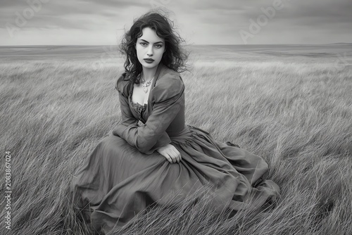 Black and White Woman Seated in Field Landscape Photography Art