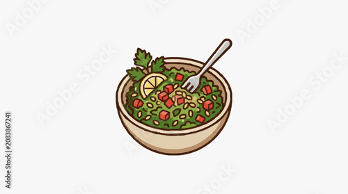 Colorful fresh salad in wooden bowl with fork.