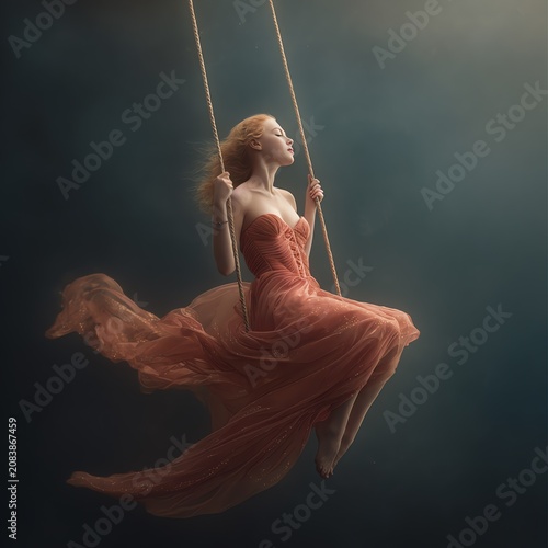 Woman Orange Dress on Swing Dramatic Fantasy Photography Art