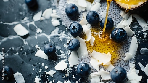 Fresh blueberries, flaky coconut, and golden honey drizzle create a vibrant, healthy dessert arrangement on a dark background.