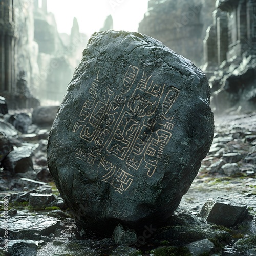 An ancient, weathered stone monument featuring intricate engraved script sits dramatically amidst foggy, moss-covered ruins.