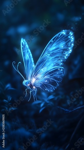 An ethereal, glowing butterfly navigates a dark, mystical forest landscape under a deep blue celestial light.