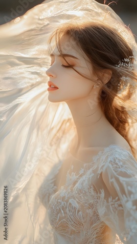 An ethereal portrait of a woman in flowing bridal veil, illuminated by soft golden light in an outdoor setting.