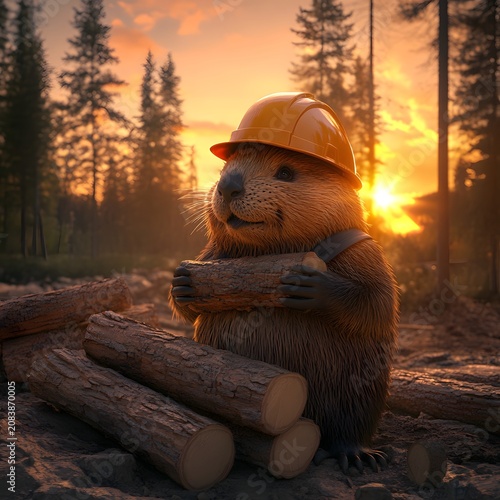 An industrious beaver wearing a safety hard hat stacks logs amidst a vibrant forest setting at sunset.