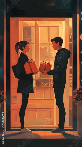 An intimate evening scene capturing a heartfelt exchange of gifts between a casually dressed couple by a brightly lit indoor doorway.