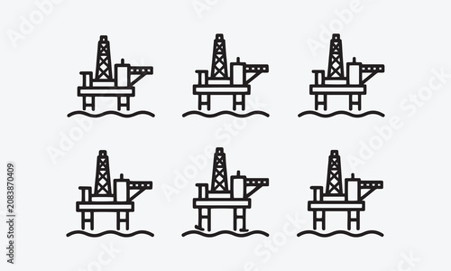 Set oil rig icons, offshore oil rig platform sign line art