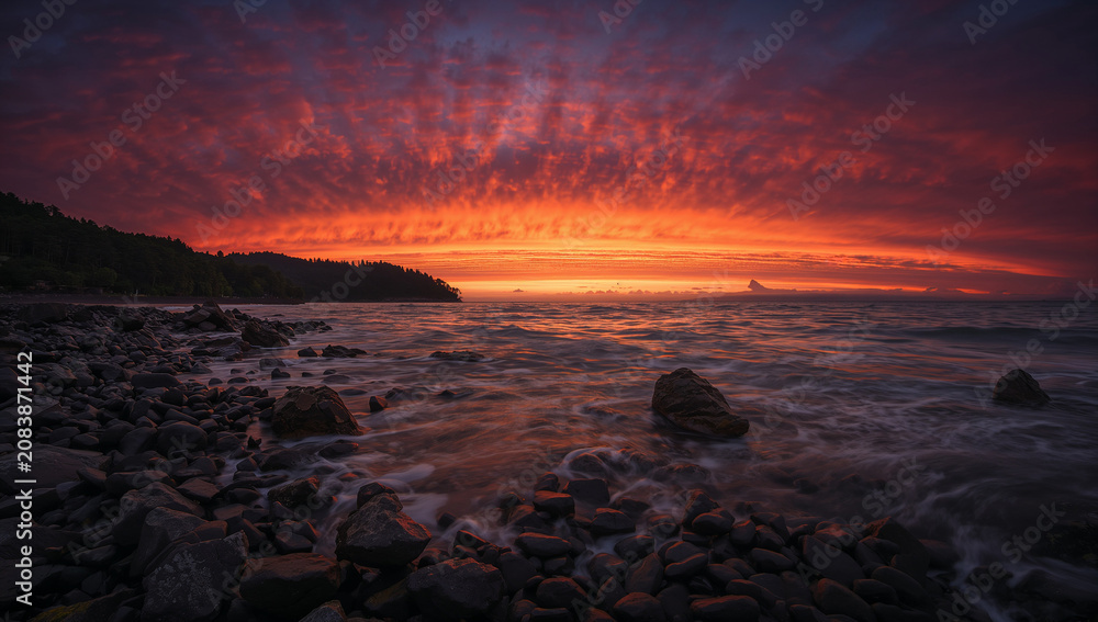 Obraz premium 燃えるような雲と岩場の海岸が広がる夕暮れの風景