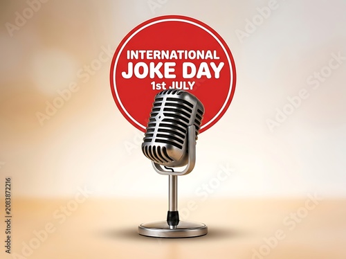 Vintage microphone with international joke day text and date for humor celebration event promotion