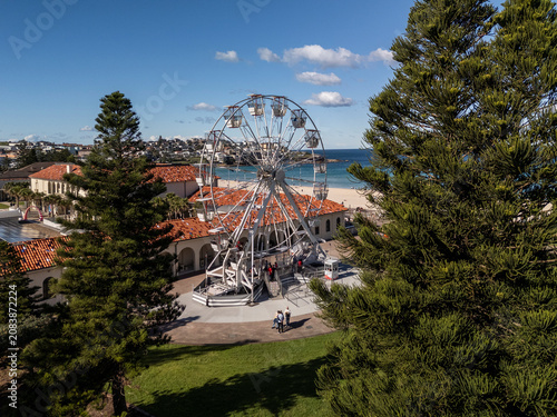 Ferris wheel at beach on sunny day with blue sky green grass and magnificent pine trees with sea and urban architecture in landscape format