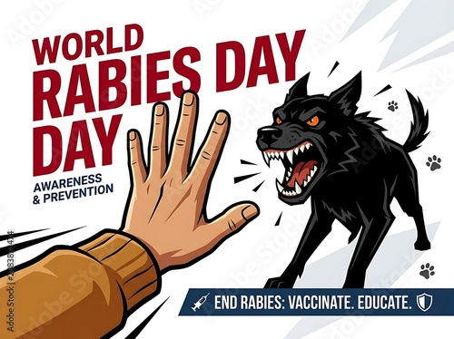 World rabies day awareness and prevention illustration with aggressive dog and human hand