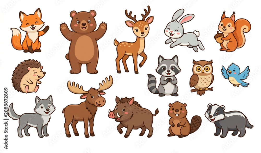 Obraz premium Cartoon Forest Animals Vector EPS 10 Cute Woodland Wildlife Collection Isolated on White Background