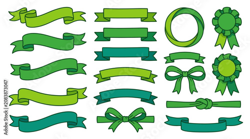Set of green decorative ribbons, banners, bows, and award rosettes in hand-drawn cartoon style isolated on white background