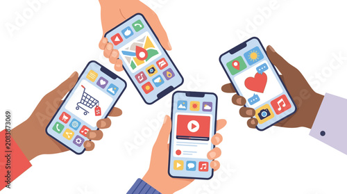 Diverse hands holding smartphones with various mobile application icons on screens, representing digital lifestyle and global connectivity.