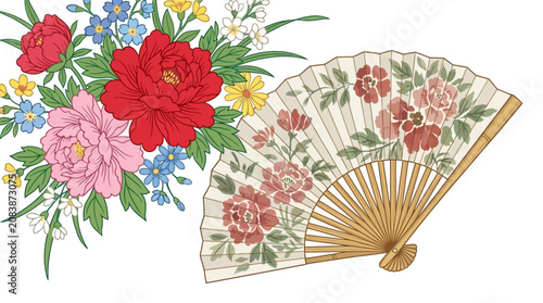 Traditional Japanese folding fan with beautiful peony floral bouquet illustration on white background