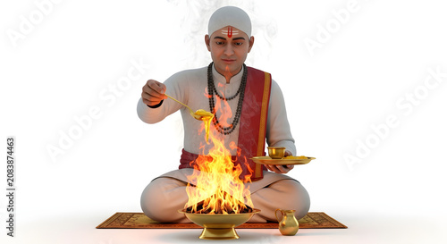 A man in traditional attire performs a ritual ceremony with fire.