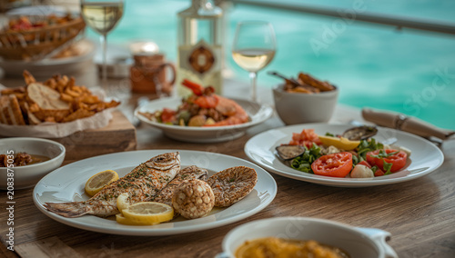 海を背景に魚介料理を大きく写したテラスの食卓