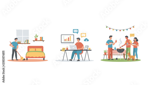 Colorful infographic showing a balanced lifestyle with scenes of home cleaning, productive work, and social gathering.