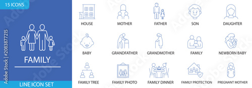 Family line editable icon set. Contain icons related to parenthood, grandparents, children, adoption, and more. Editable stroke. Vector illustration.