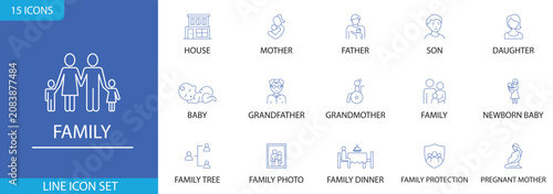 Family Line Editable Icon Set Featuring Parents, Children, Baby, Grandparents, Home, Family Tree, Family Photo, Family Dinner, Family Protection and Pregnancy. Editable Stroke. Vector Illustration.