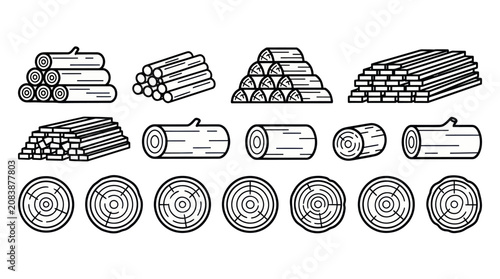 Wood log and lumber icons in outline style