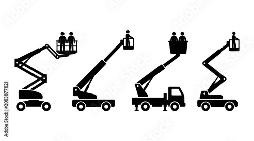 Set of four black scissor and boom lift icons with people