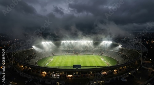 Football stadium pitch shrouded in dense fog and bright lights at night