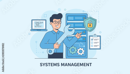 IT administrator with wrench adjusting server hardware to ensure robust systems management and maximum security.