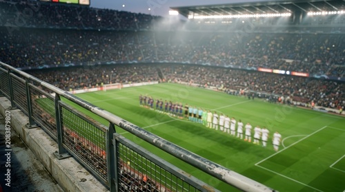 Two professional soccer teams lining up on the pitch before a match