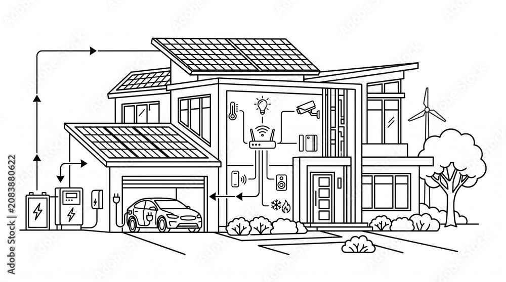 Fototapeta premium Renewable energy line art residential solar house with electric vehicle renewable electric