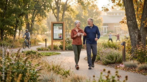 Older adults walking together in autumn park sunlight