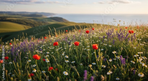 Vibrant Field of Poppies and Wildflowers Overlooking the Sea at Golden Hour