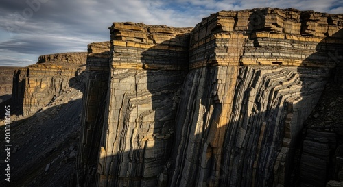 Sheer Shale Cliffs Showing Geological Strata Under Sunlight