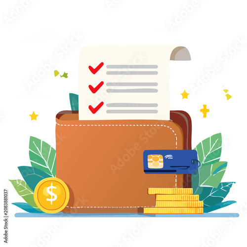 Wallet with coins, credit card, and checklist