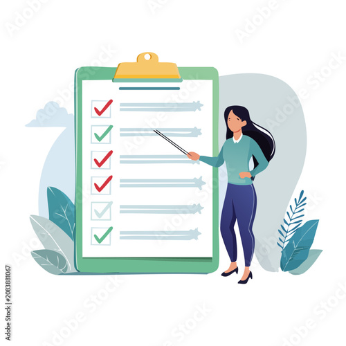 Woman holding checklist clipboard in flat vector style