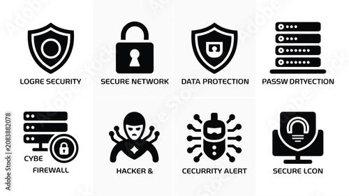 Cuadro en lienzo Modern black and white cybersecurity icons showcase protection hacking threats a