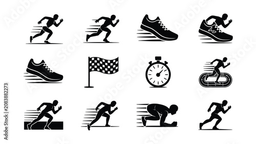 Dynamic athletic icons showcase running sprinting and track events with stylized sneakers and finish line flags for energetic fitness branding