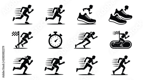 Dynamic athletic silhouettes showcase running speed and endurance in versatile black vector style